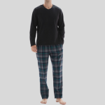 Men's Pyjamas Thermal Fleece Top, 100% Cotton Bottom Black