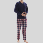 Men's Pyjamas Thermal Fleece Top, 100% Cotton Bottom Red Blu